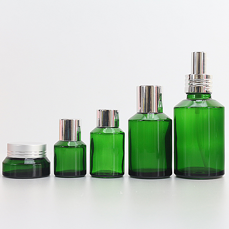 Green Glass Luxury Cosmetic Bottle Set Containers Pump Bottle Cream Jar