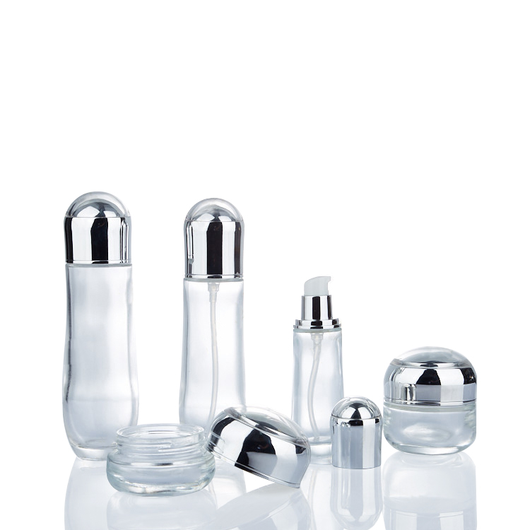 A set of bottles and tubes of cosmetics, jars for skin care with