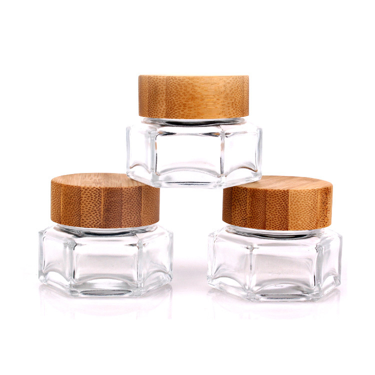 clear hexagonal face cream jar with bamboo lid 30g glass cream jar manufacturer
