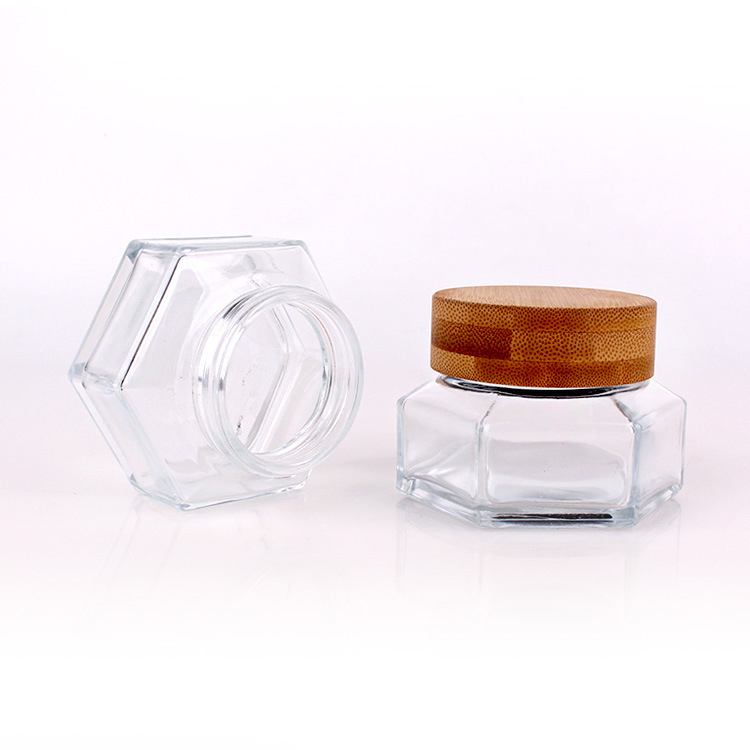 clear hexagonal face cream jar with bamboo lid 30g glass cream jar manufacturer