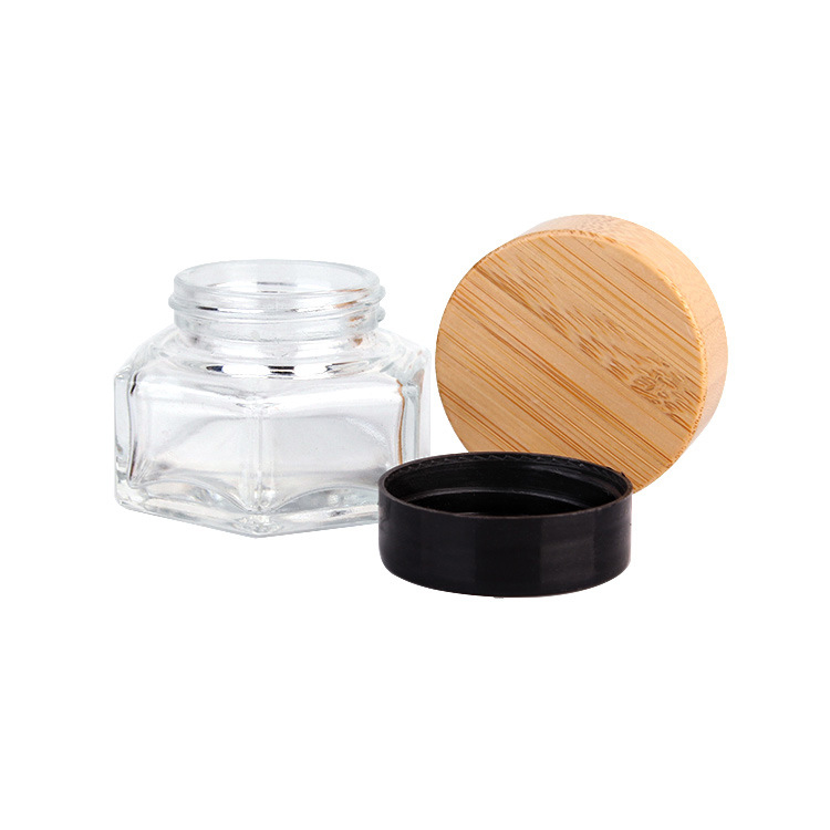 clear hexagonal face cream jar with bamboo lid 30g glass cream jar manufacturer