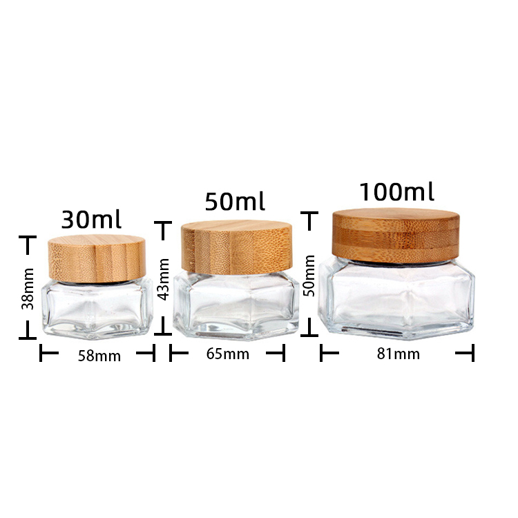 clear hexagonal face cream jar with bamboo lid 30g glass cream jar manufacturer