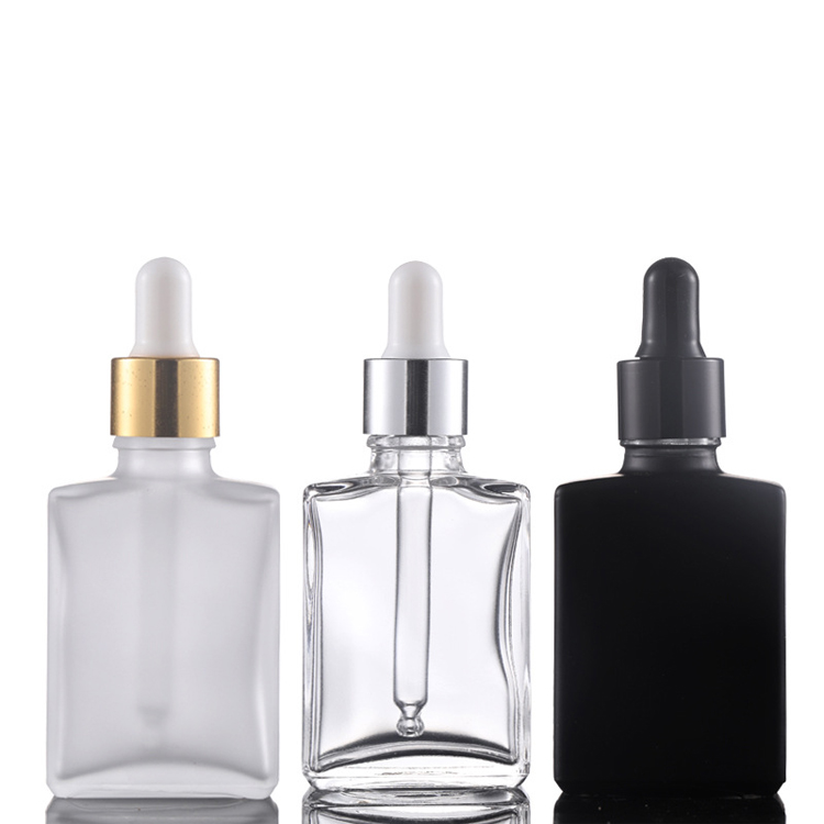 Wholesale black 30ml flat square dropper bottle 1oz clear glass dropper bottle