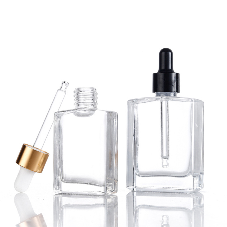 1 oz Flat Square Glass Dropper Bottles 50ml Clear Body Oil Dropper Bottle Custom