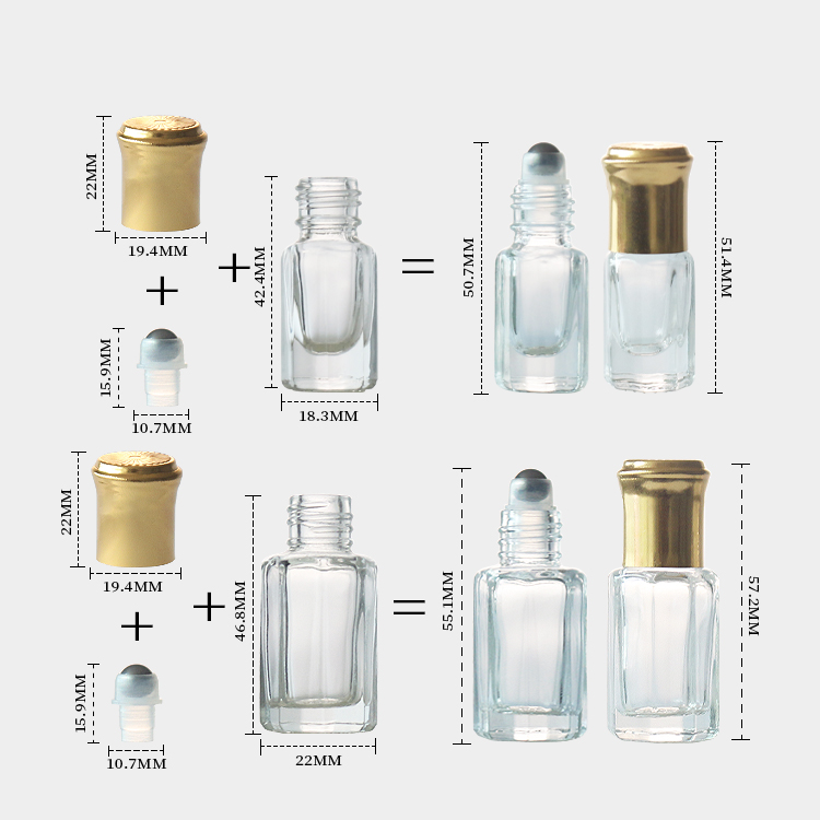 Clear Octagonal 6ml Roller Bottles 2ml 10ml 12ml Essential Oil Perfume Sample