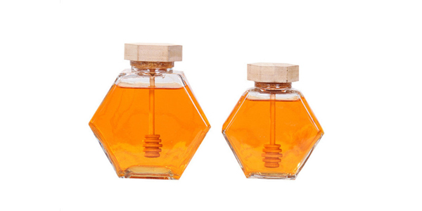 hexagonal glass honey jars