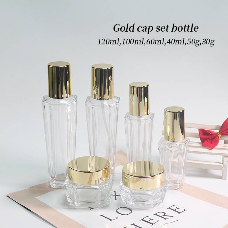 Luxury Skin Care Set With Gold Lid Packaging Skin Care Products In Glass Bottles