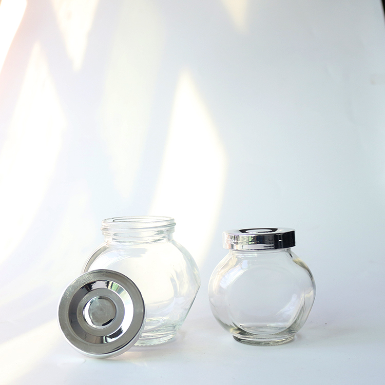 Custom Kitchen Food Storage Container Honey Pot Glass Spice Jar with Silver Lids